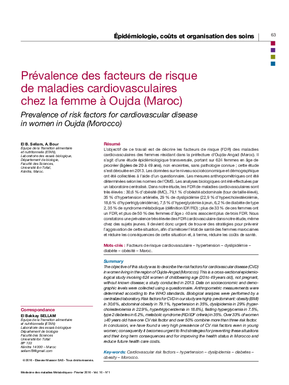 (PDF) Prévalence des facteurs de risque de maladies cardiovasculaires ...