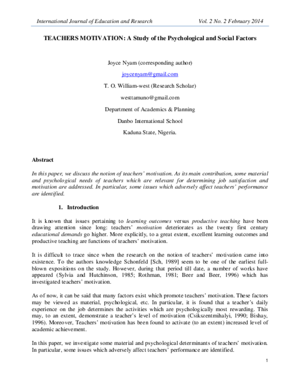 (PDF) TEACHERS MOTIVATION: A Study of the Psychological and Social Factors