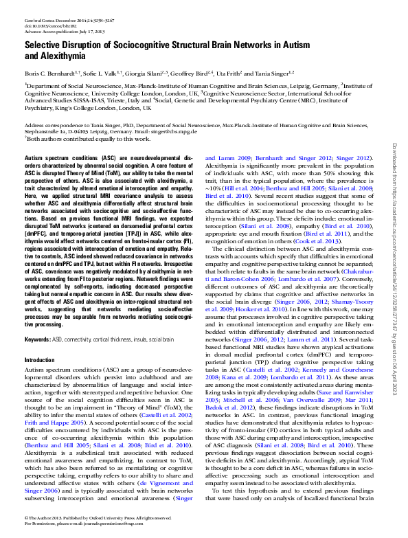 (PDF) Selective Disruption of Sociocognitive Structural Brain Networks ...