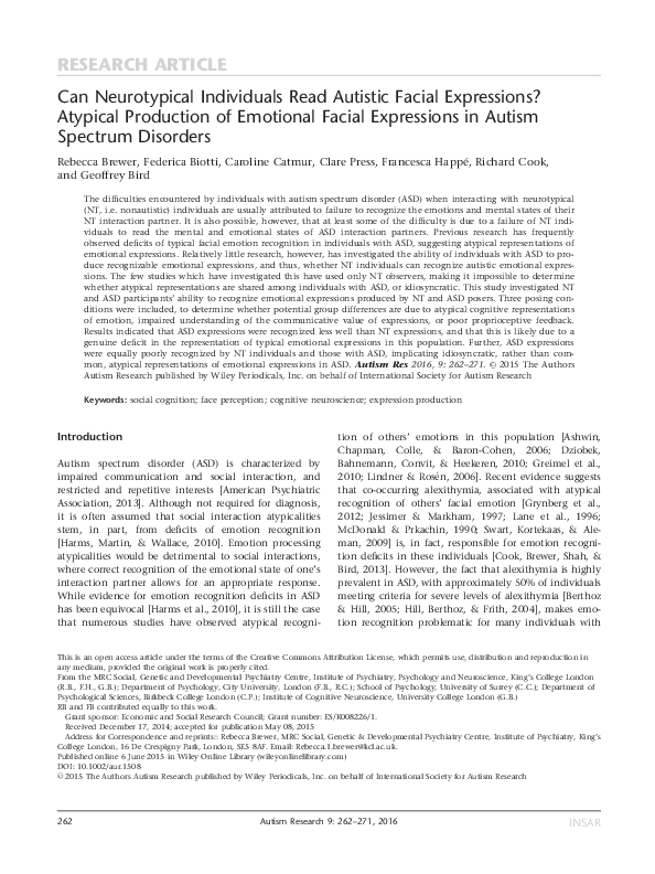 Can Neurotypical Individuals Read Autistic Facial Expressions? Atypical Production of Emotional Facial Expressions in Autism Spectrum Disorders