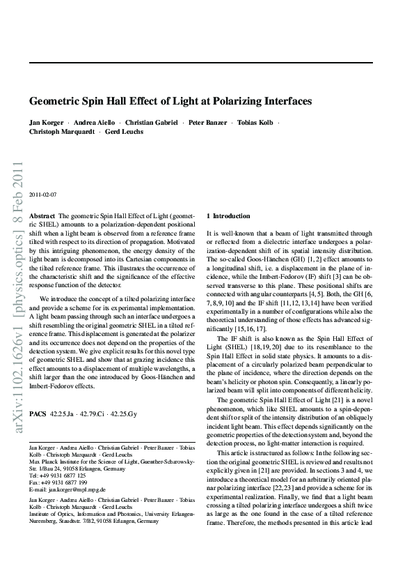 (PDF) Geometric Spin Hall Effect of Light at polarizing interfaces