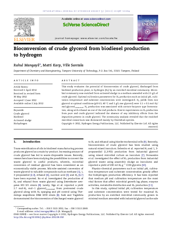 (PDF) Bioconversion of crude glycerol from biodiesel production to hydrogen