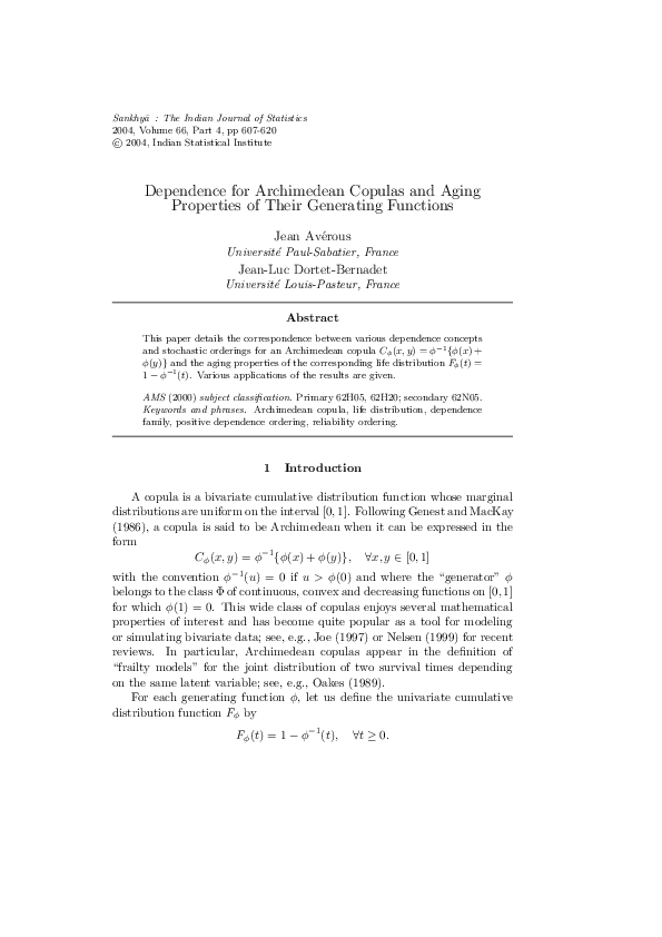 (PDF) Dependence for Archimedean copulas and aging properties of their ...