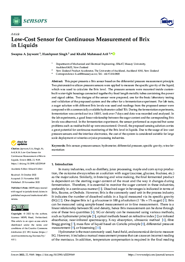(PDF) Low-Cost Sensor for Continuous Measurement of Brix in Liquids