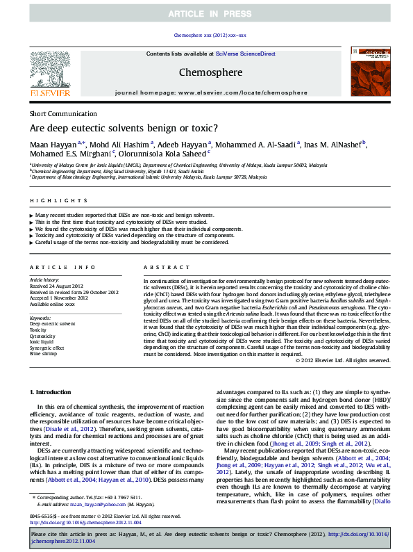(PDF) Are deep eutectic solvents benign or toxic? Mohd Ali Hashim