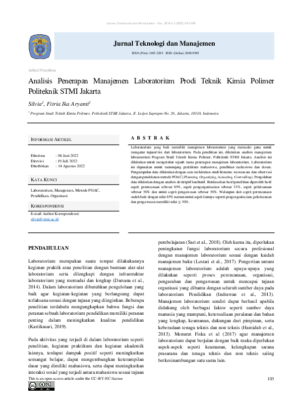 (PDF) Analisis Penerapan Manajemen Laboratorium Prodi Teknik Kimia ...