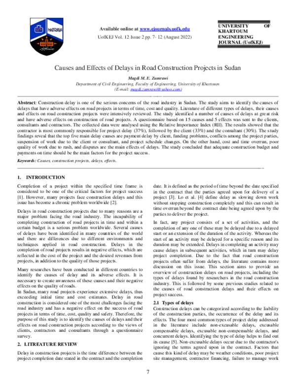 (PDF) Causes and Effects of Delays in Road Construction Projects in Sudan