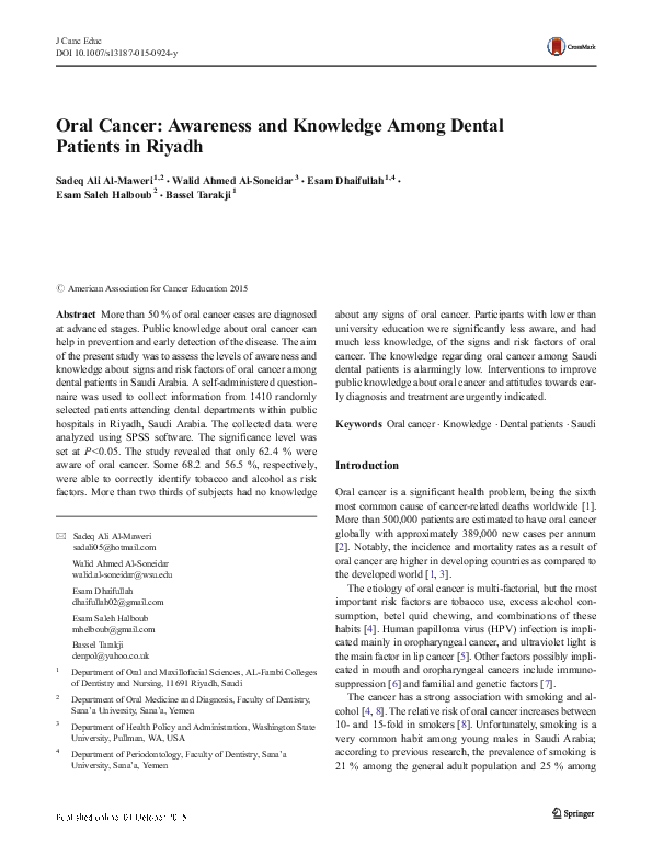 (PDF) Oral cancer awareness and knowledge among dental patients in ...