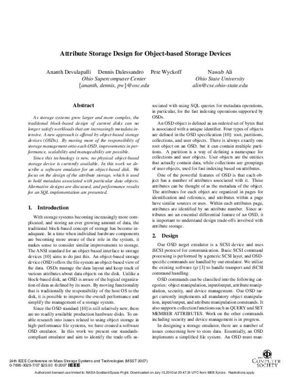 (PDF) Attribute Storage Design for Object-based Storage Devices
