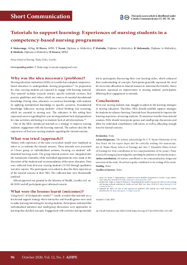 (PDF) Tutorials to support learning: Experiences of nursing students in ...