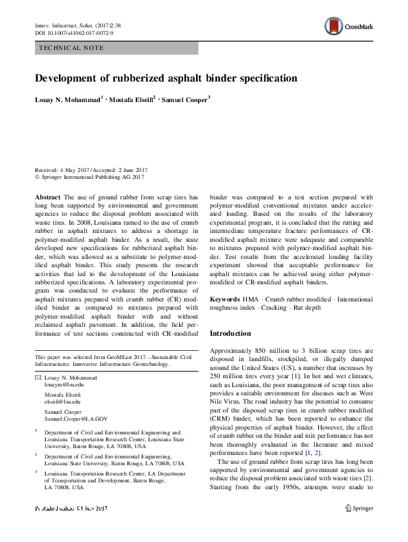 (PDF) Development of rubberized asphalt binder specification