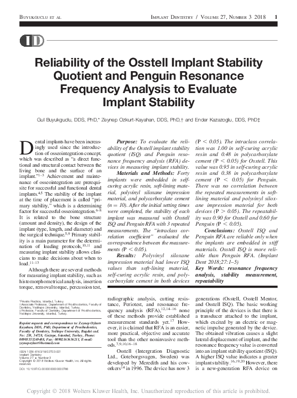 (PDF) Reliability of the Osstell Implant Stability Quotient and Penguin ...