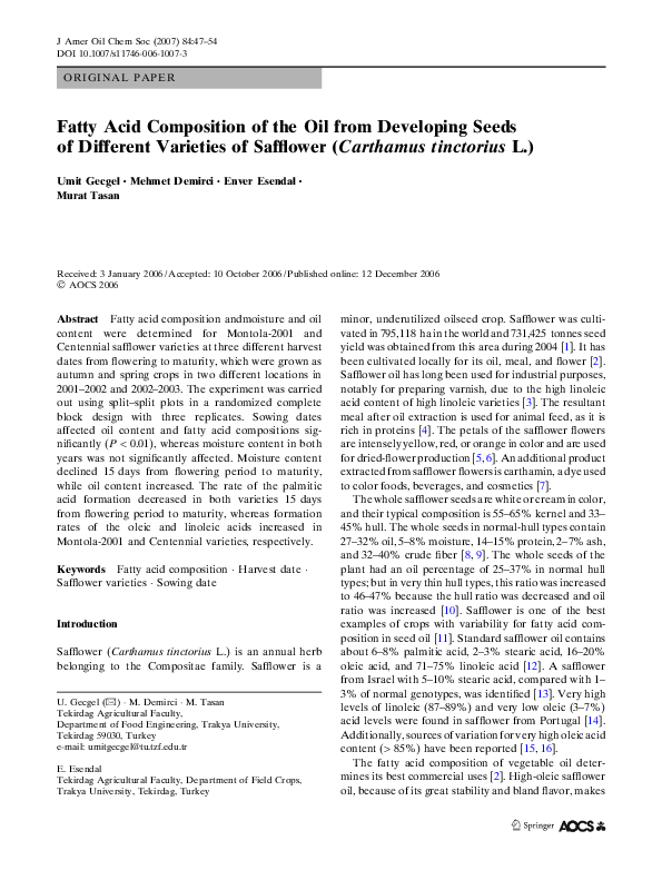(PDF) Fatty Acid Composition of the Oil from Developing Seeds of