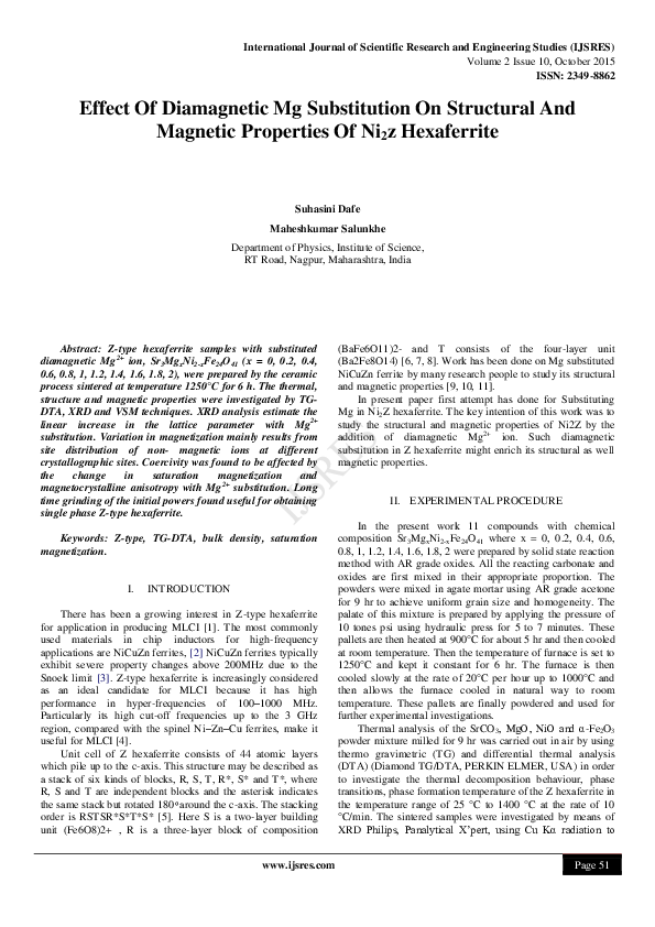 (PDF) Effect Of Diamagnetic Mg Substitution On Structural And Magnetic ...