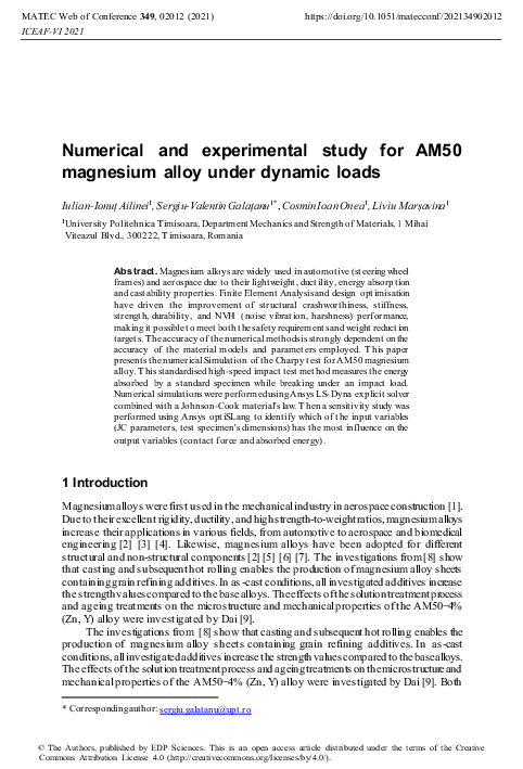 (PDF) Numerical and experimental study for AM50 magnesium alloy under ...