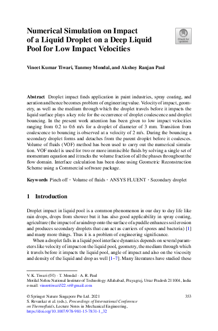 (PDF) Numerical Simulation on Impact of a Liquid Droplet on a Deep ...