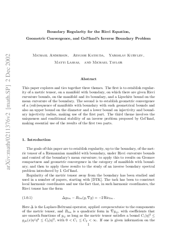(PDF) Boundary regularity for the Ricci equation, geometric convergence ...