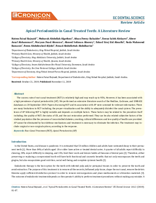 (PDF) Apical Periodontitis in Canal Treated Teeth: A Literature Review