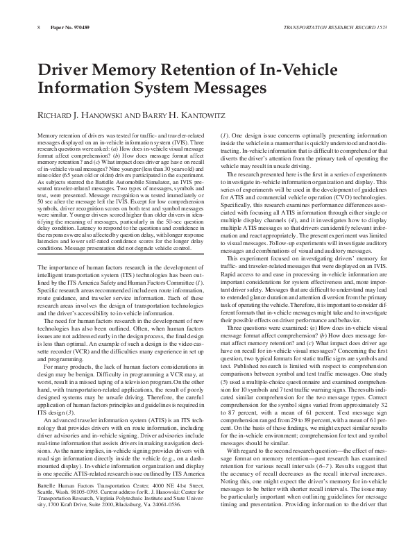 (PDF) Driver Memory Retention of In-Vehicle Information System Messages