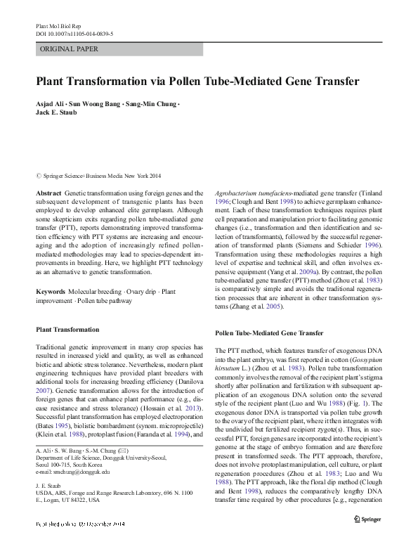 (PDF) Plant Transformation via Pollen Tube-Mediated Gene Transfer