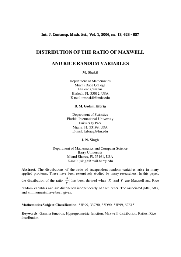 (PDF) Distribution of the ratio of Maxwell and Rice random variables ...