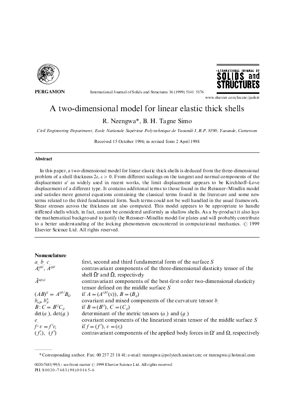 (PDF) A two-dimensional model for linear elastic thick shells