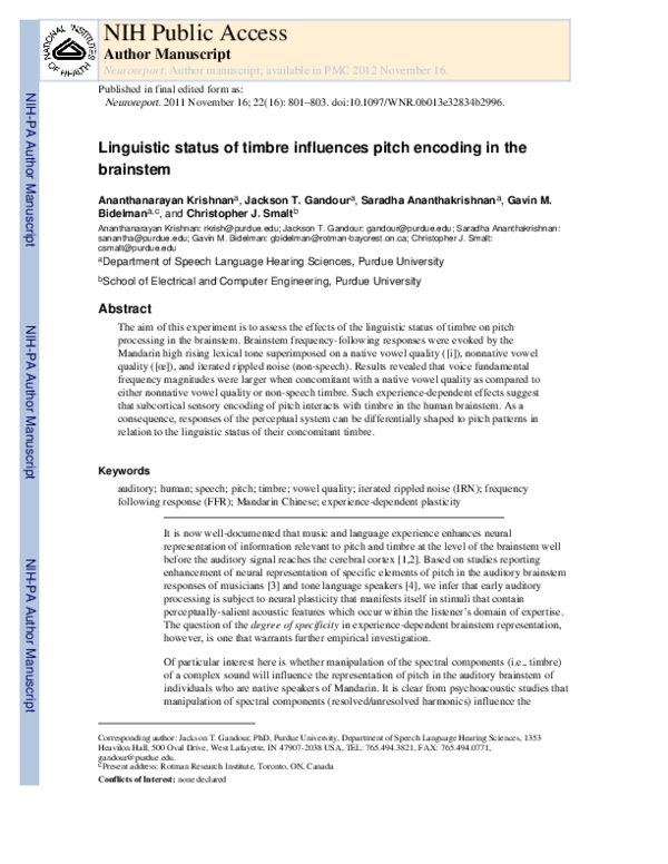 (PDF) Linguistic status of timbre influences pitch encoding in the ...