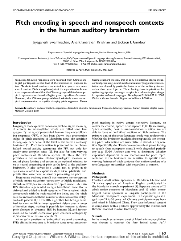 (PDF) Pitch encoding in speech and nonspeech contexts in the human ...