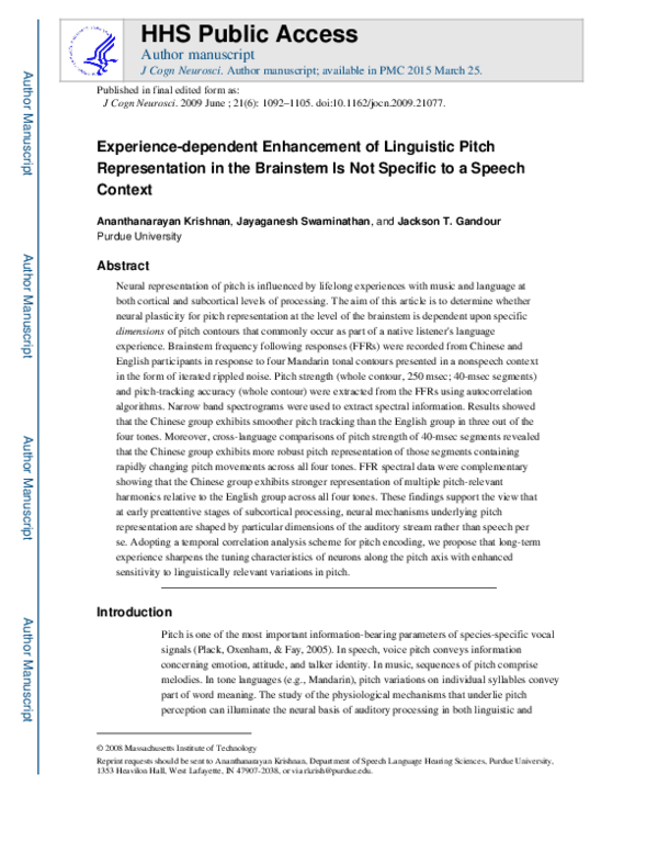 (PDF) Experience-dependent Enhancement of Linguistic Pitch ...