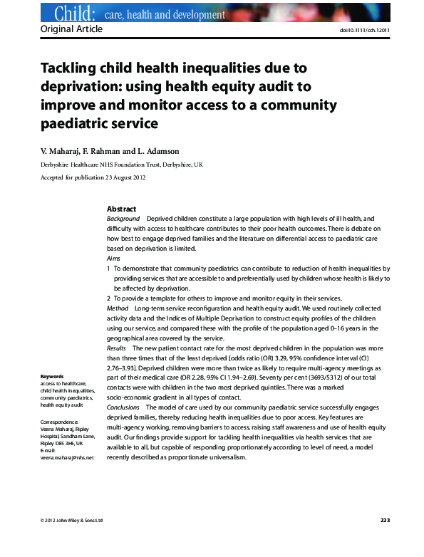 (PDF) Tackling child health inequalities due to deprivation: using ...