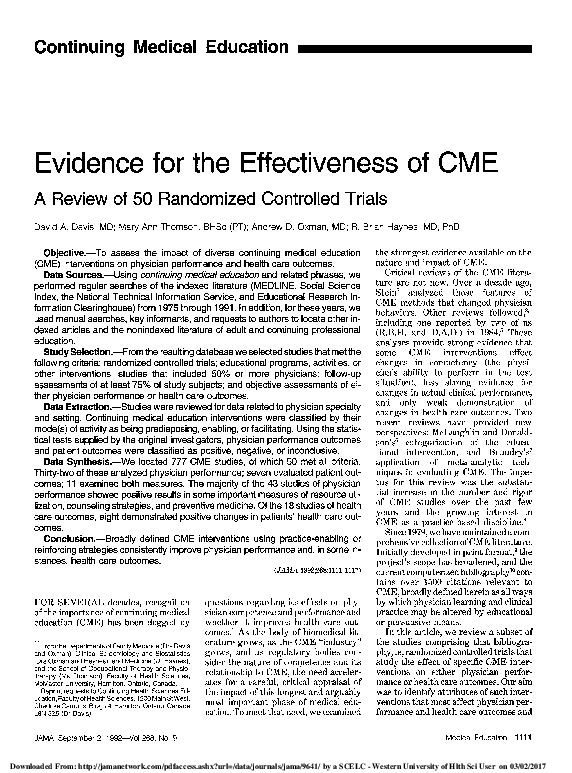 (PDF) Evidence for the effectiveness of CME. A review of 50 randomized ...