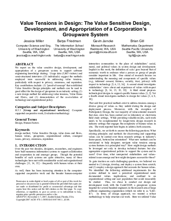 (PDF) Value Tensions in Design: The Value Sensitive Design, Development ...