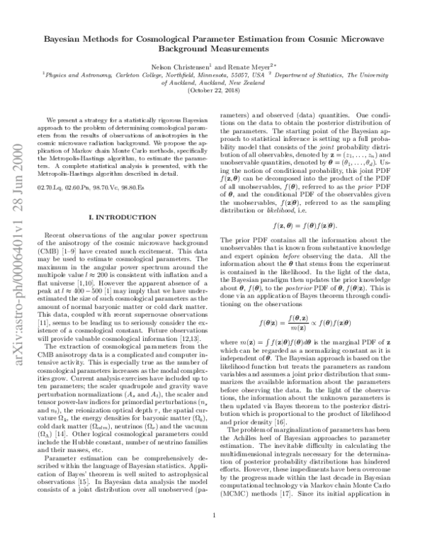 (PDF) Bayesian methods for cosmological parameter estimation from ...