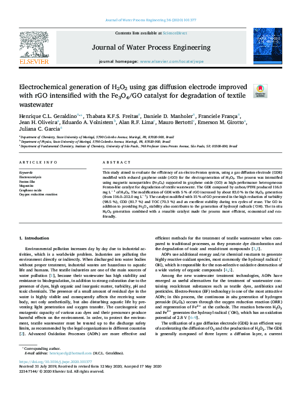 (PDF) Electrochemical generation of H2O2 using gas diffusion electrode ...