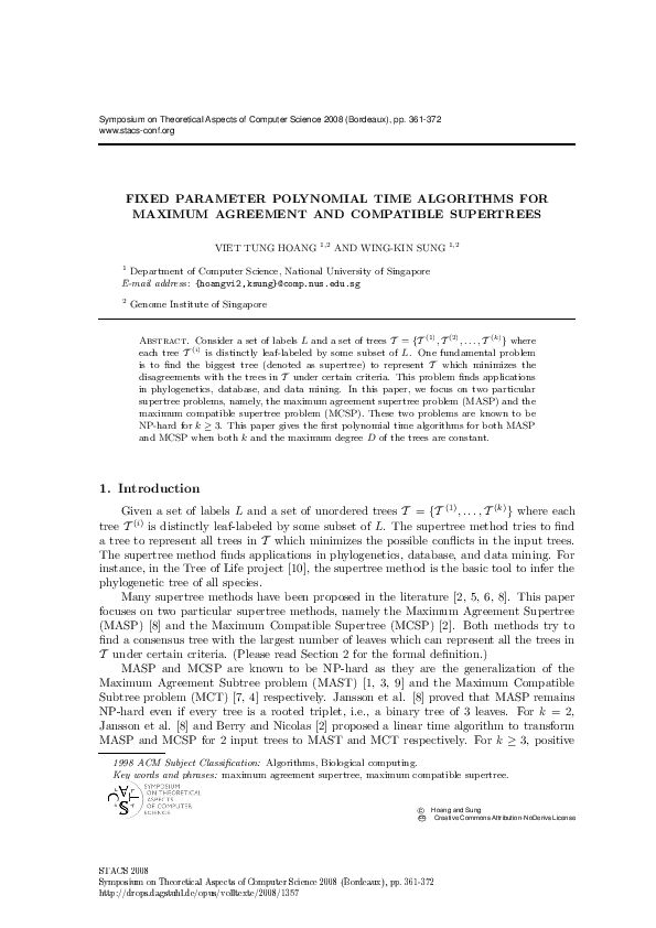 (PDF) Fixed Parameter Polynomial Time Algorithms for Maximum Agreement ...