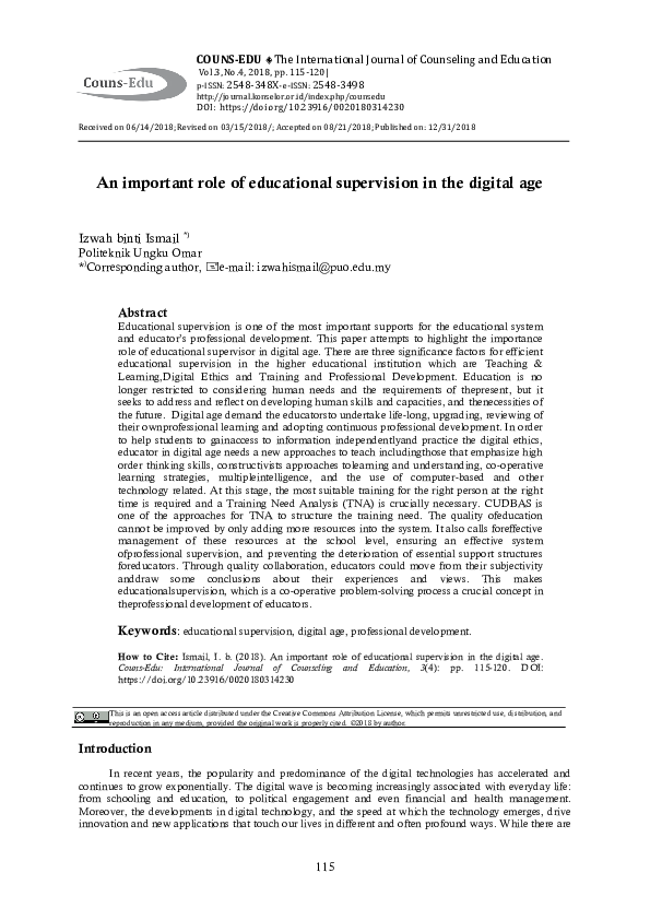 (PDF) An Important Role of Educational Supervision in the Digital Age