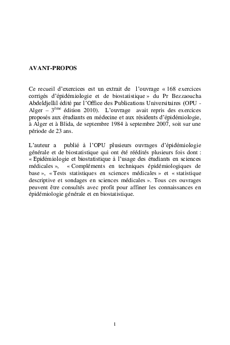 PDF) Exercices corrigs d'pidmiologie et de biostatistique Extraits Pr  Bezzaoucha