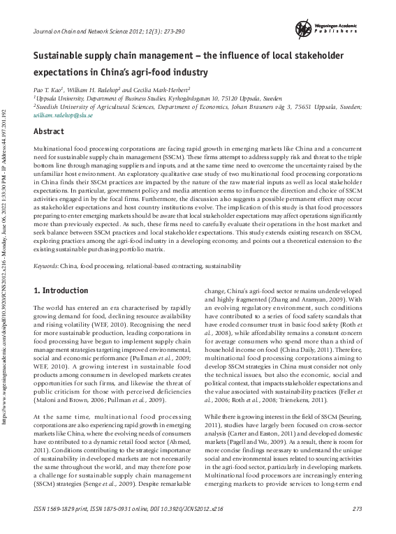 (PDF) Sustainable supply chain management - the influence of local ...