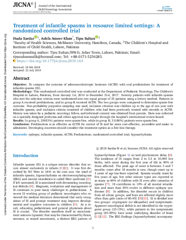 (PDF) Treatment of infantile spasms in resource limited settings ...