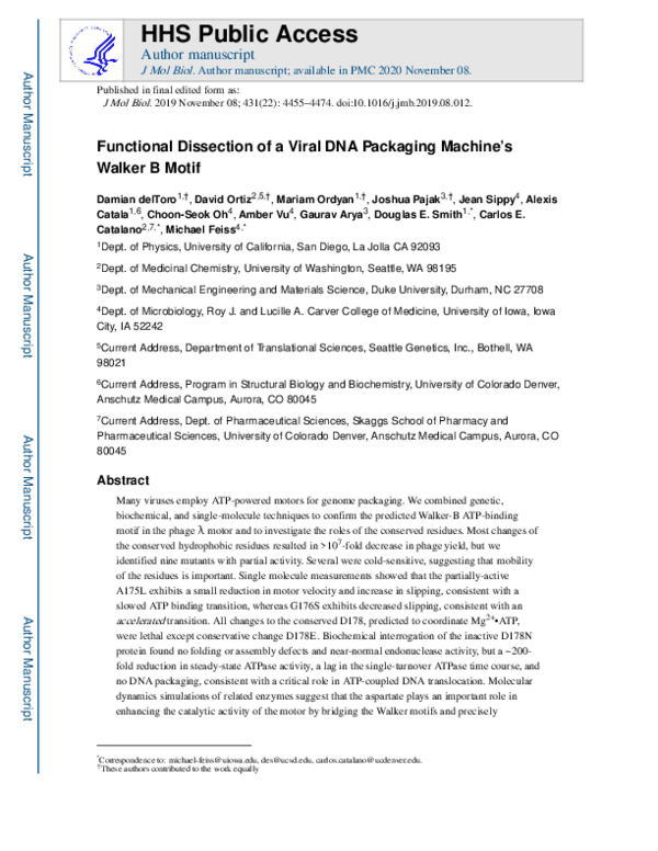 (PDF) Functional Dissection of a Viral DNA Packaging Machine's Walker B ...