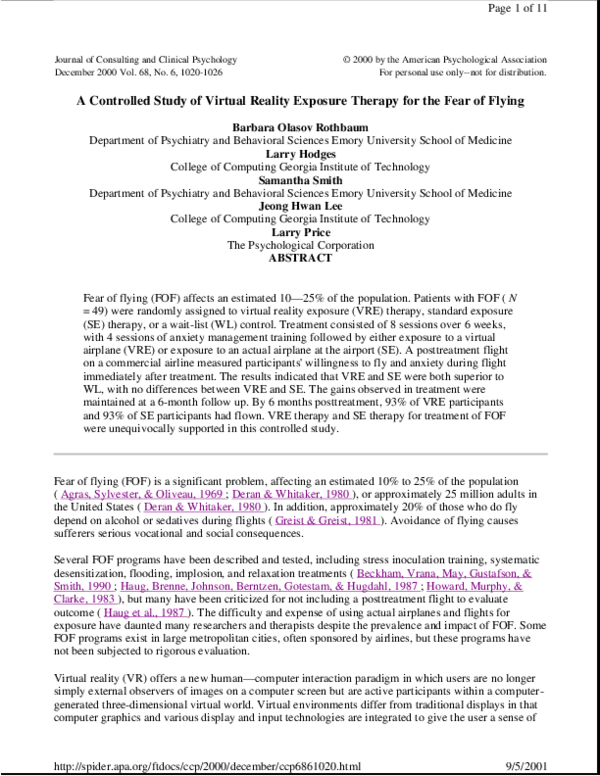 (PDF) A controlled study of virtual reality exposure therapy for the ...