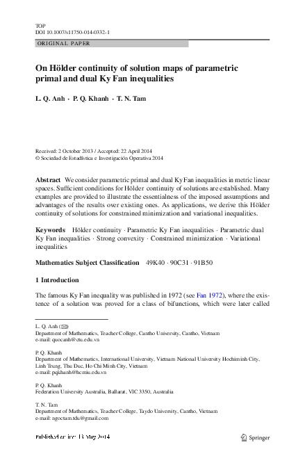 (PDF) On Hölder continuity of solution maps of parametric primal and ...