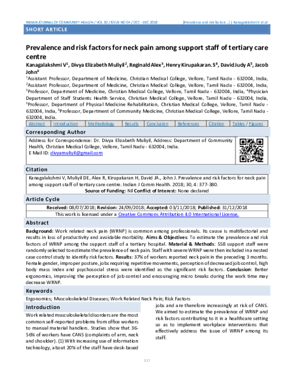 (PDF) Prevalence and risk factors for neck pain among health care workers