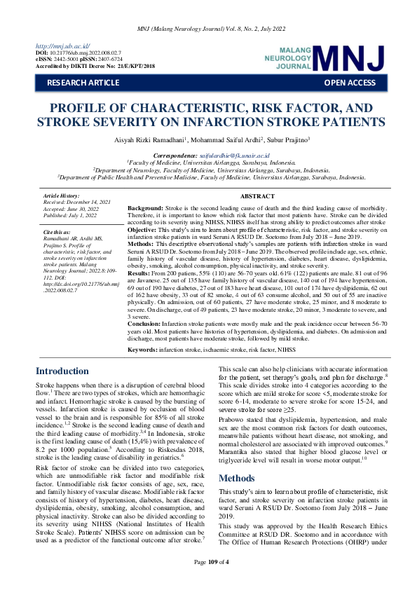 (PDF) Profile of Characteristic, Risk Factor, and Stroke Severity on ...