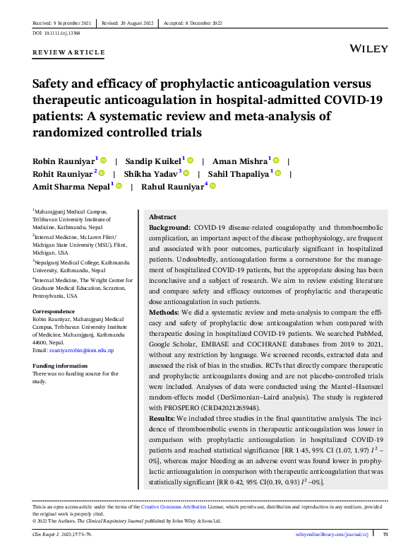 (PDF) Safety and efficacy of prophylactic anticoagulation versus ...
