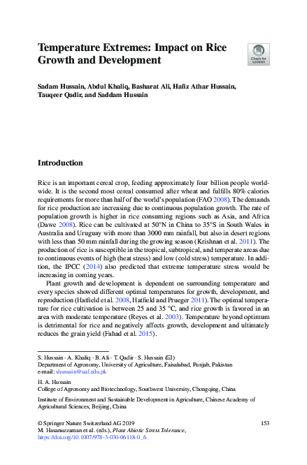 (PDF) Temperature Extremes: Impact on Rice Growth and Development