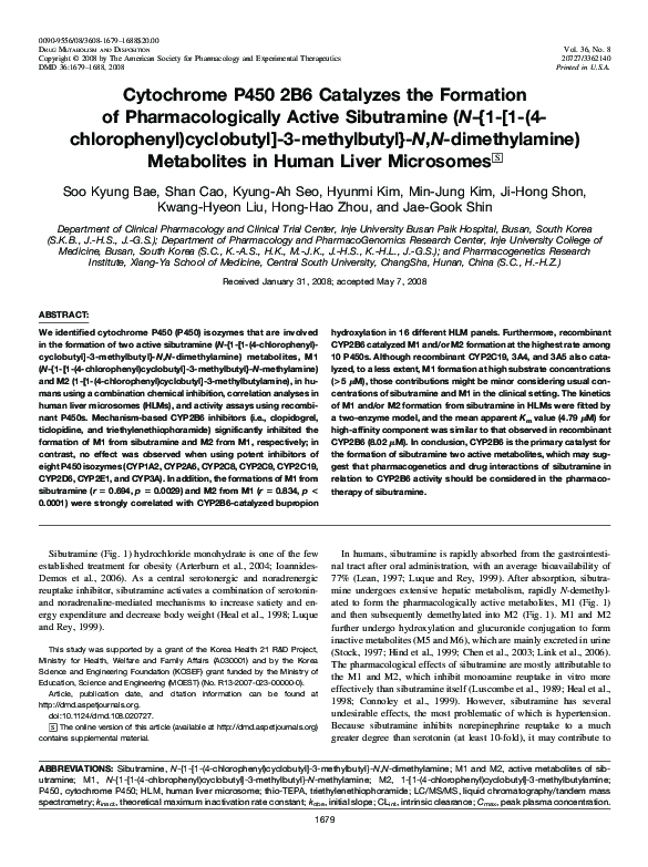 (PDF) Cytochrome P450 2B6 Catalyzes the Formation of Pharmacologically ...
