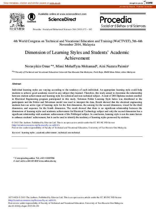 (PDF) Dimension of Learning Styles and Students’ Academic Achievement
