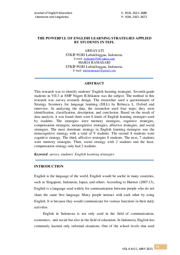 (PDF) The Powerful of English Learning Strategies Applied by Students ...