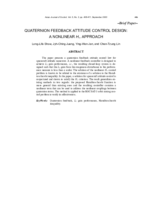 (PDF) Quaternion Feedback Attitude Control Design: A Nonlinear H∞ Approach